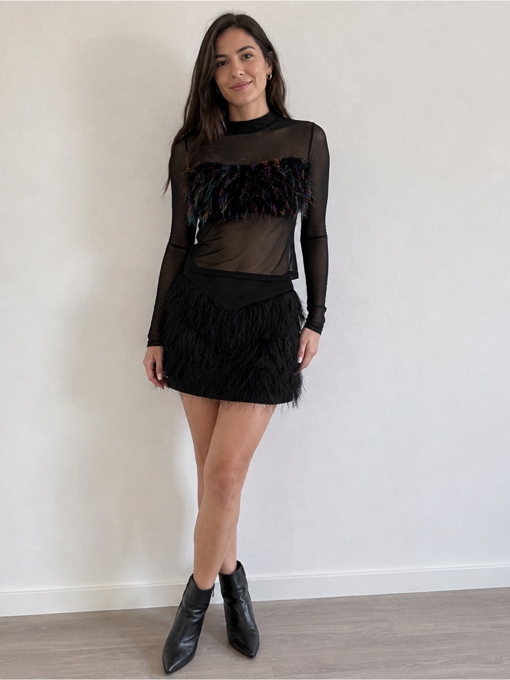 Black Feather Tiered Mini Skirt
